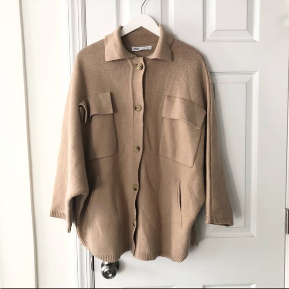 Zara Beige Oversized Knit Button Down Shacket Relaxed Sleeves - Picture 6 of 10